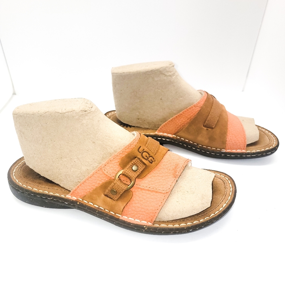 UGG Australia Womens Sz.10 Coral Leather Sheep Skin Slip-On Slide Mule Sandals